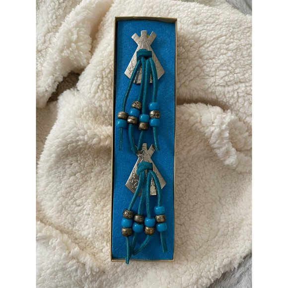 Vintage Silver Tone Pony Bead Blue Leather Teepee Pierced Earrings - Picture 8 of 8